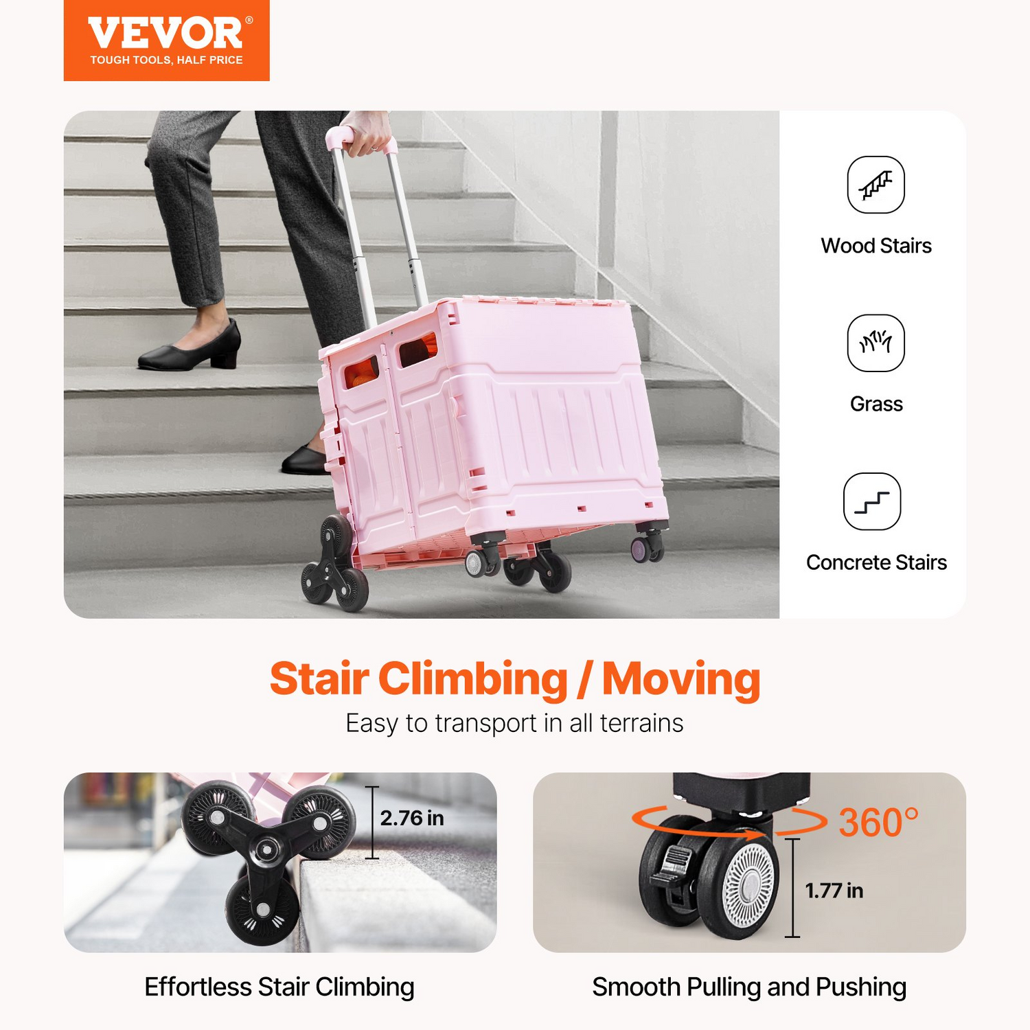 Pink VEVOR foldable utility cart with 65L capacity, stair climbing wheels, 360° swivel wheels, and telescoping handle for versatile transport.