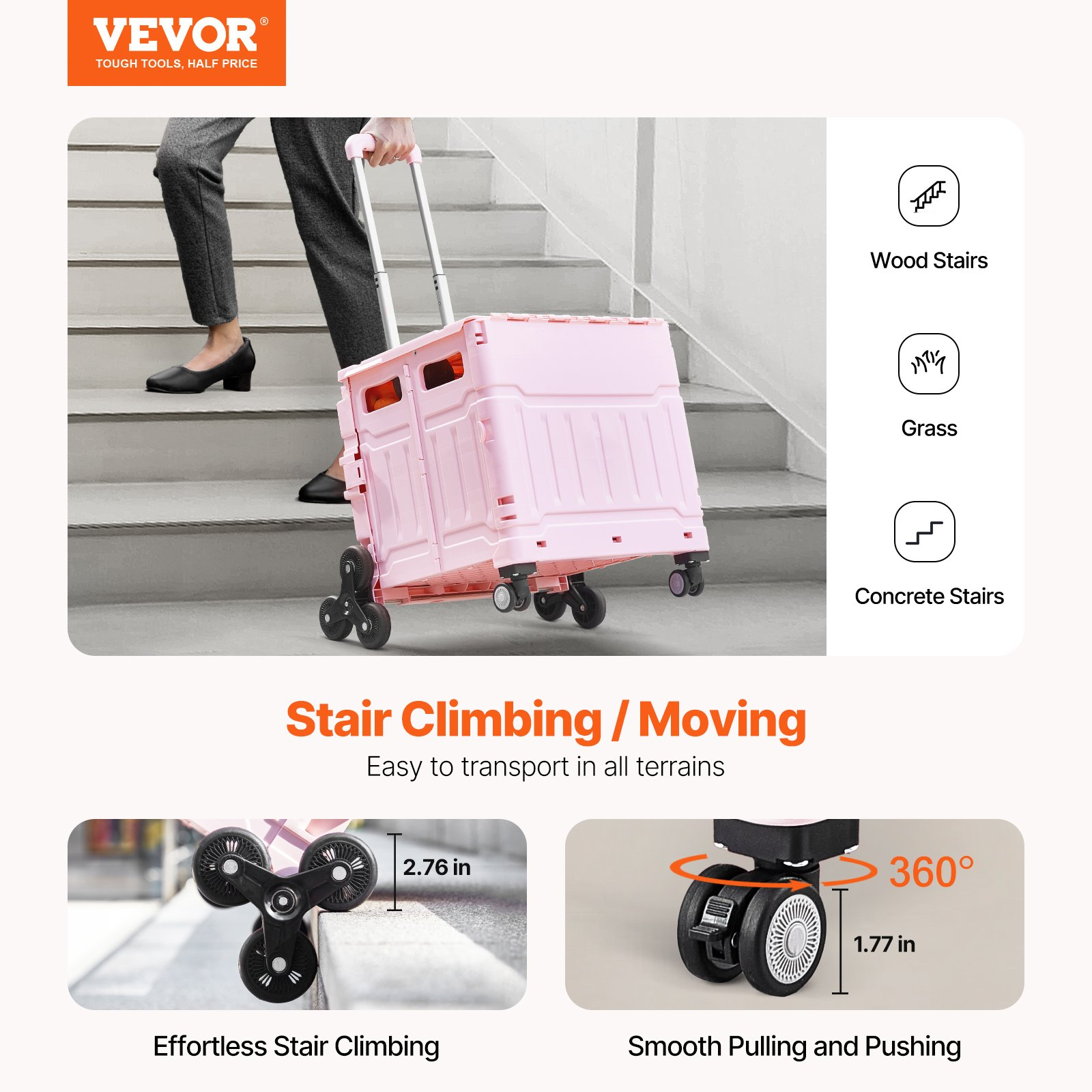 Pink VEVOR foldable utility cart with 65L capacity, stair climbing wheels, 360° swivel wheels, and telescoping handle for versatile transport.