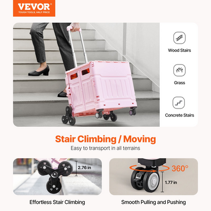Pink VEVOR foldable utility cart with 65L capacity, stair climbing wheels, 360° swivel wheels, and telescoping handle for versatile transport.