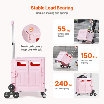 Pink VEVOR foldable utility cart with 65L capacity, telescoping handle, stair-climbing and 360° swivel wheels for shopping and moving.