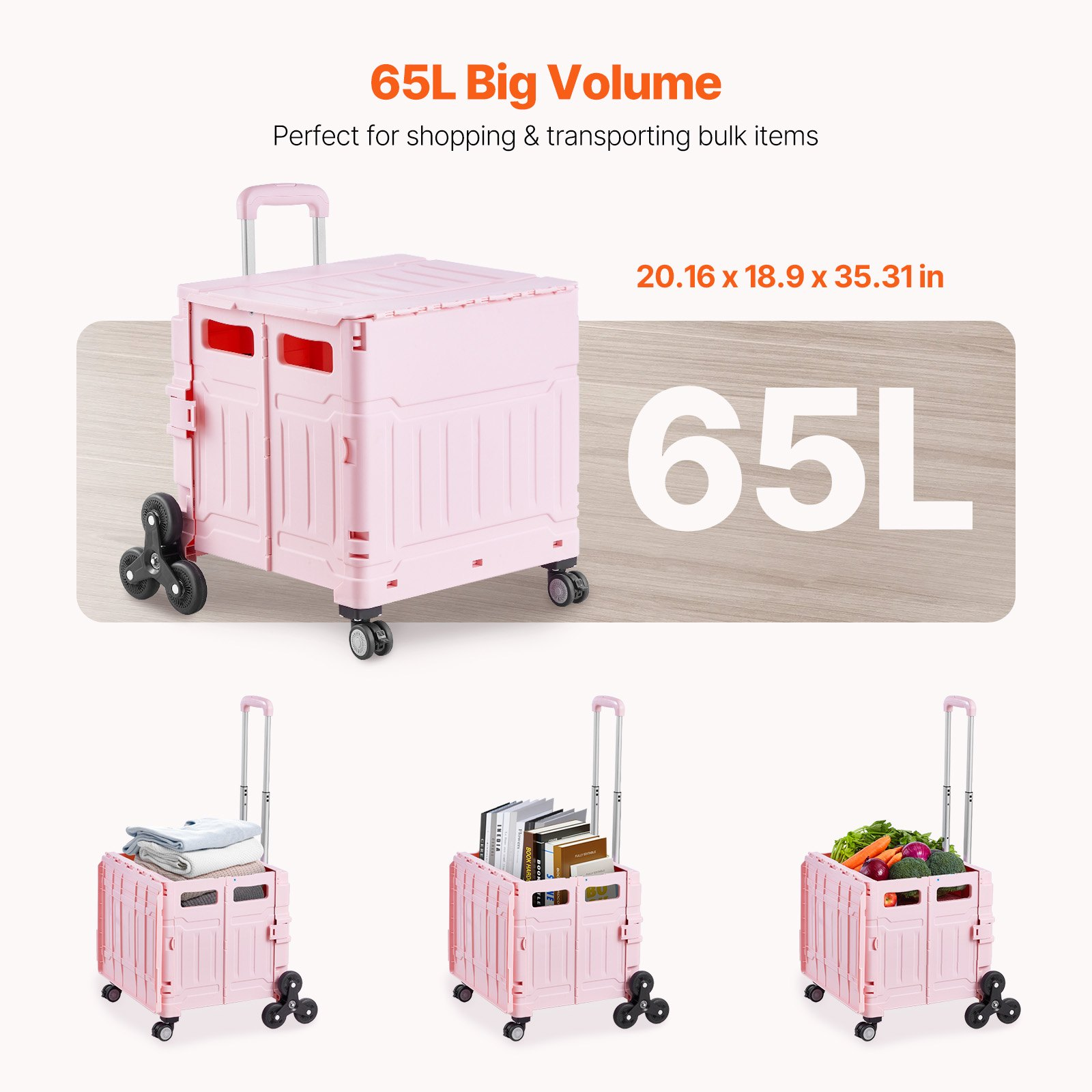 Pink VEVOR foldable utility cart with telescoping handle, stair climbing wheels, 360° swivel wheels, perfect for shopping and moving.