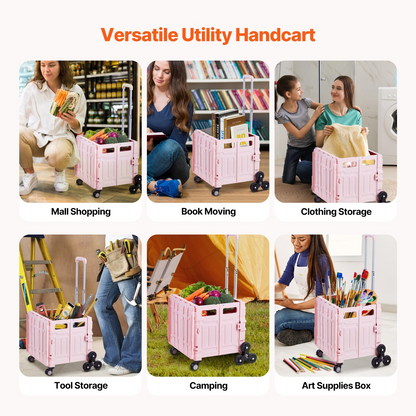 Pink VEVOR foldable utility cart with telescoping handle, 65L capacity, stair climbing wheels, and 360° swivel for shopping and moving.