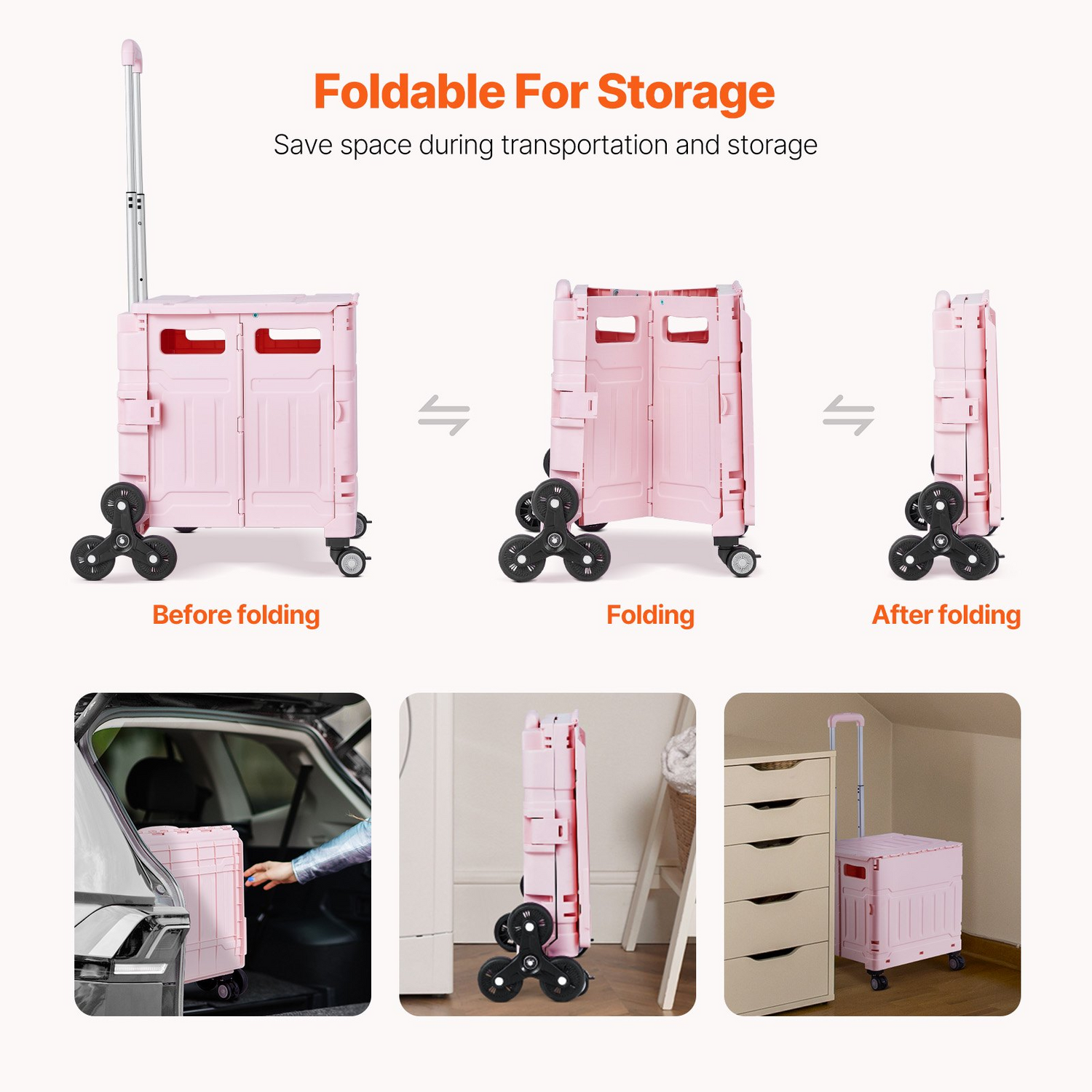 Pink VEVOR foldable utility cart with stair climbing wheels, 360° swivel, telescoping handle, ideal for shopping, office, or moving.
