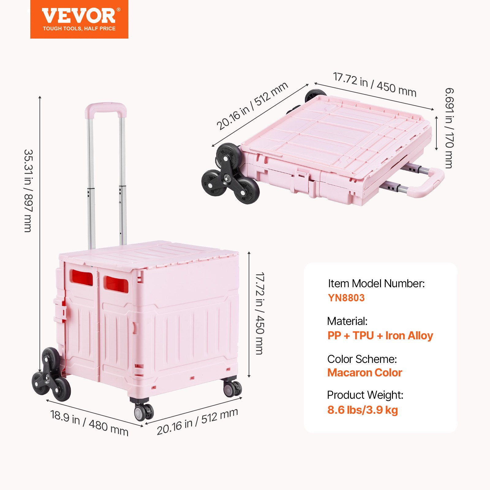 Pink VEVOR foldable utility cart with 65L capacity, collapsible design, stair climbing wheels, and 360° swivel for easy transport.