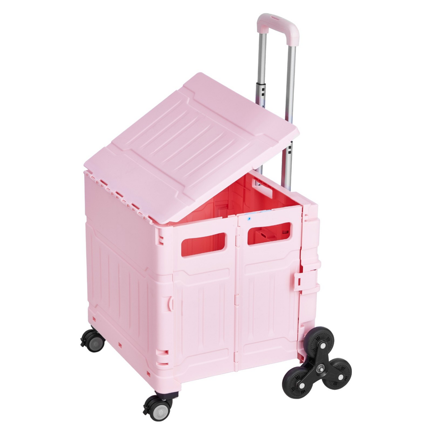 Pink VEVOR foldable utility cart with telescoping handle, 65L capacity, stair climbing wheels, and 360° swivel for shopping and moving.