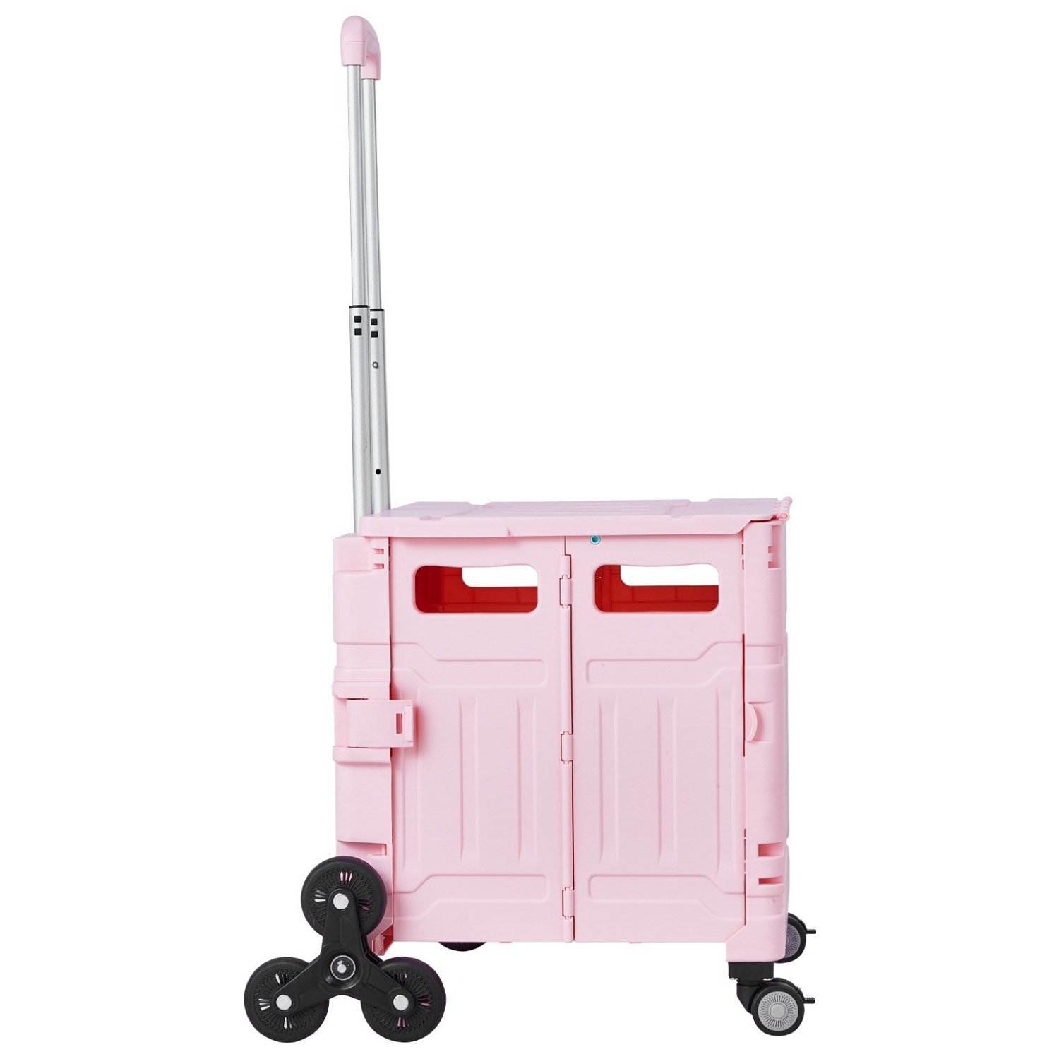 Pink VEVOR foldable utility cart with stair climbing wheels, 360° swivel wheels, telescoping handle, ideal for shopping and moving.