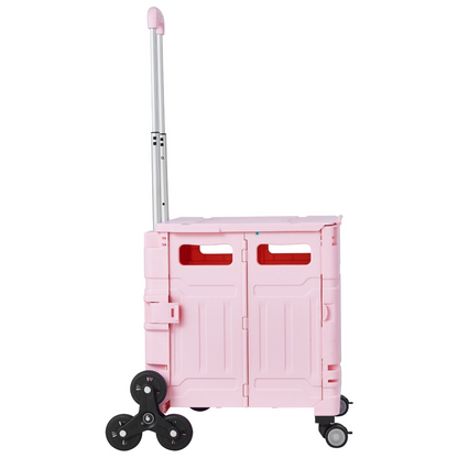 Pink VEVOR foldable utility cart with stair climbing wheels, 360° swivel wheels, telescoping handle, ideal for shopping and moving.