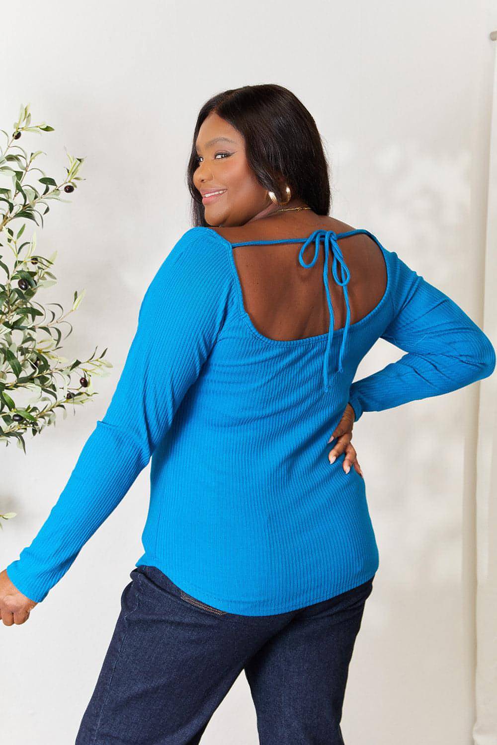 Carmine Juneberry ribbed knit top with sweetheart neckline, full size, long sleeves, and fitted design for stylish casual wear.