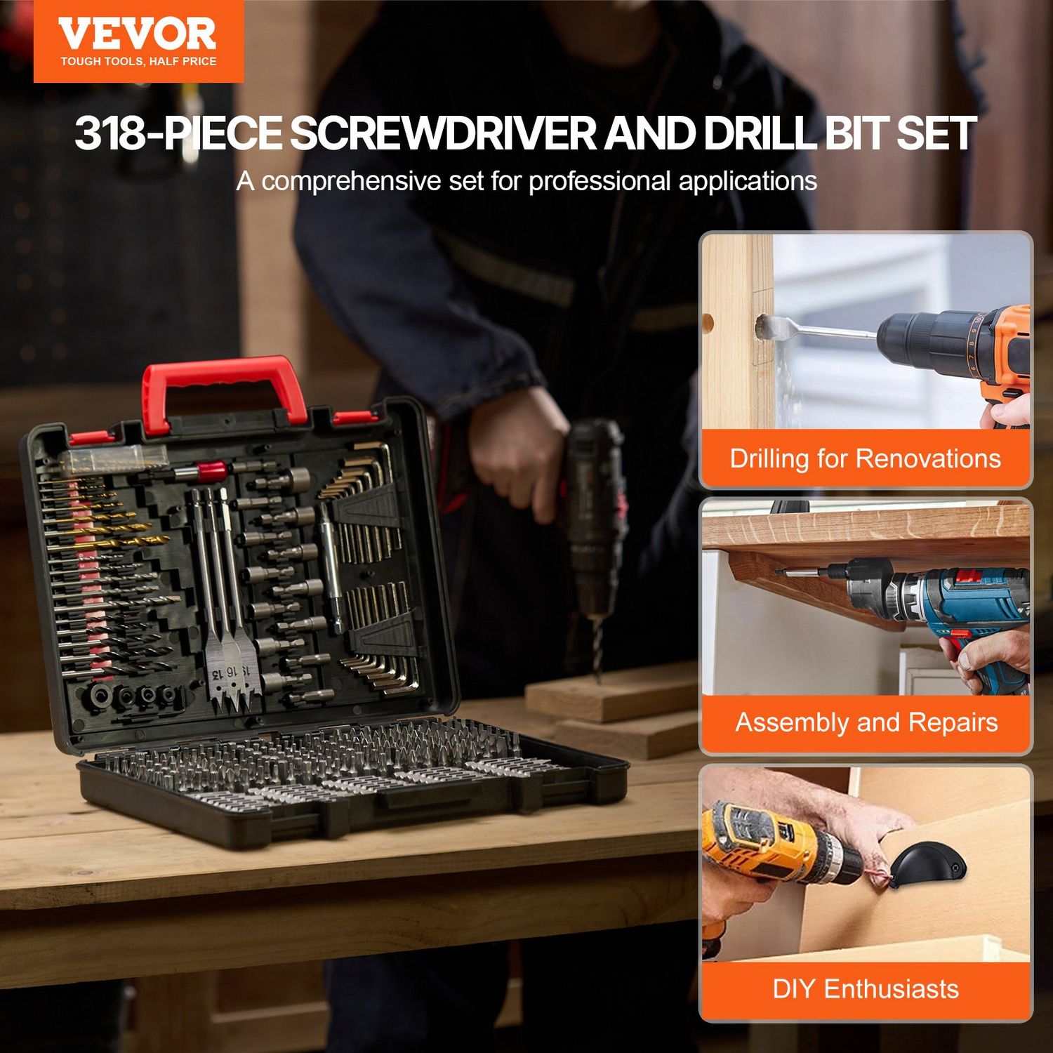 Start2Finish VEVOR 318-piece drill bit and screwdriver set with organized case for wood, metal, cement drilling, and screw driving.