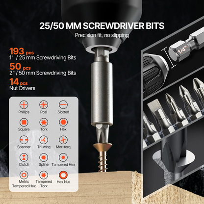 Start2Finish VEVOR 318-piece drill bit and screwdriver set with organized case for wood, metal, cement drilling and screw driving.