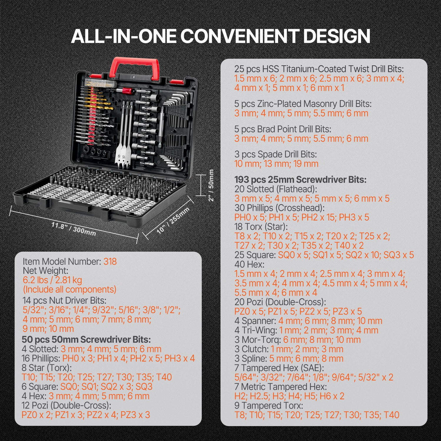 Start2Finish VEVOR drill bit set with 318 assorted bits for wood, metal, cement; organized in a carrying case.