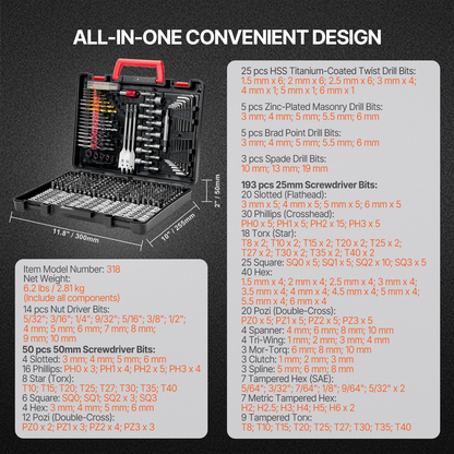 Start2Finish VEVOR drill bit set with 318 assorted bits for wood, metal, cement; organized in a carrying case.