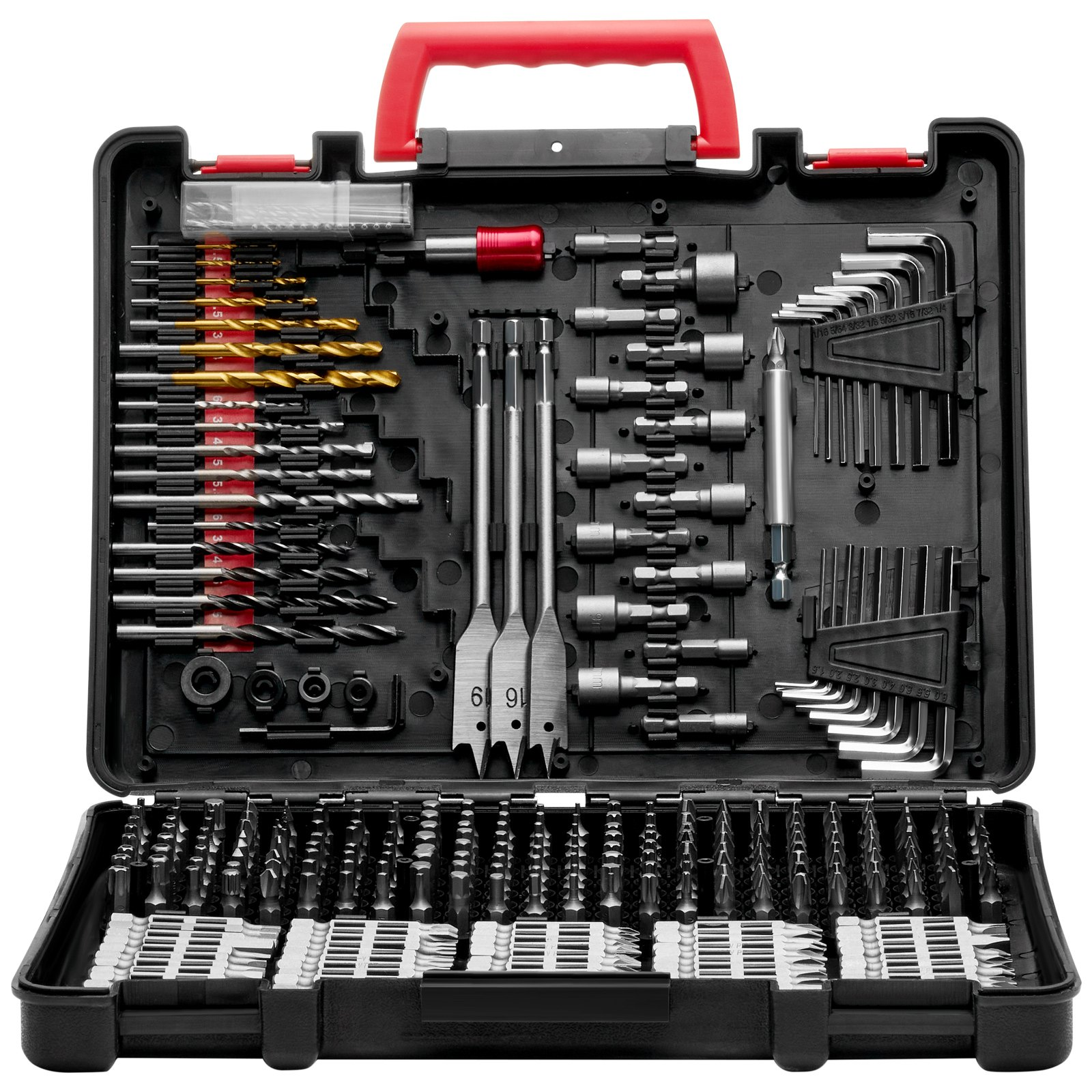 Start2Finish VEVOR 318-piece drill and driver bit set with assorted bits in organized carrying case for wood, metal, and cement drilling.