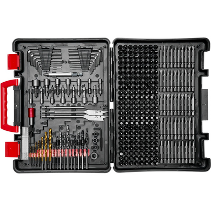 Start2Finish VEVOR 318-piece drill and driver bit set with assorted bits in an organized carrying case for wood, metal, and cement drilling.