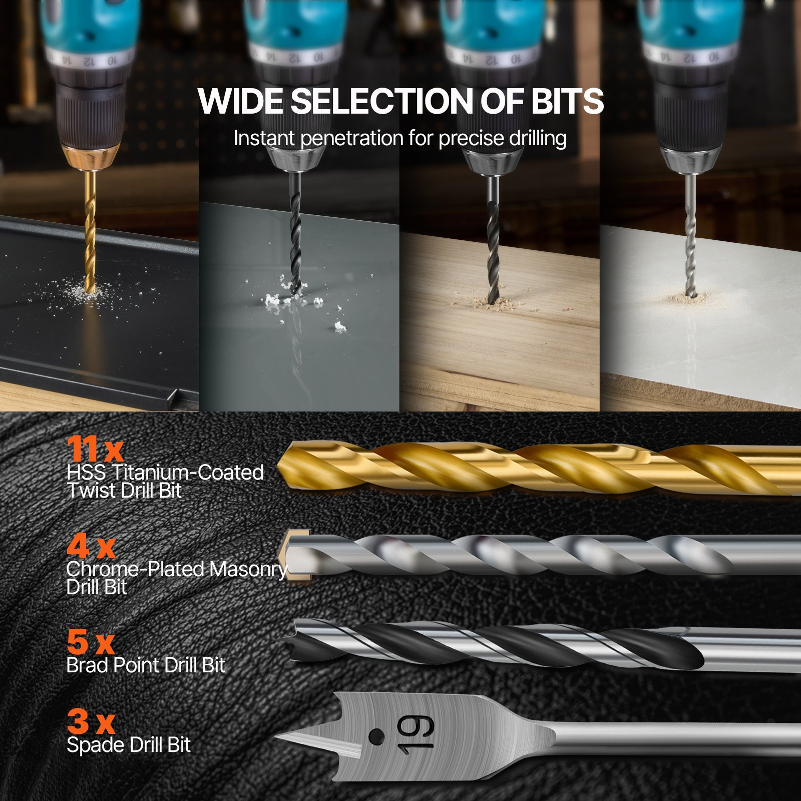 Start2Finish VEVOR 101-piece drill bit set with assorted bits for wood, metal, cement, in an organized carrying case.