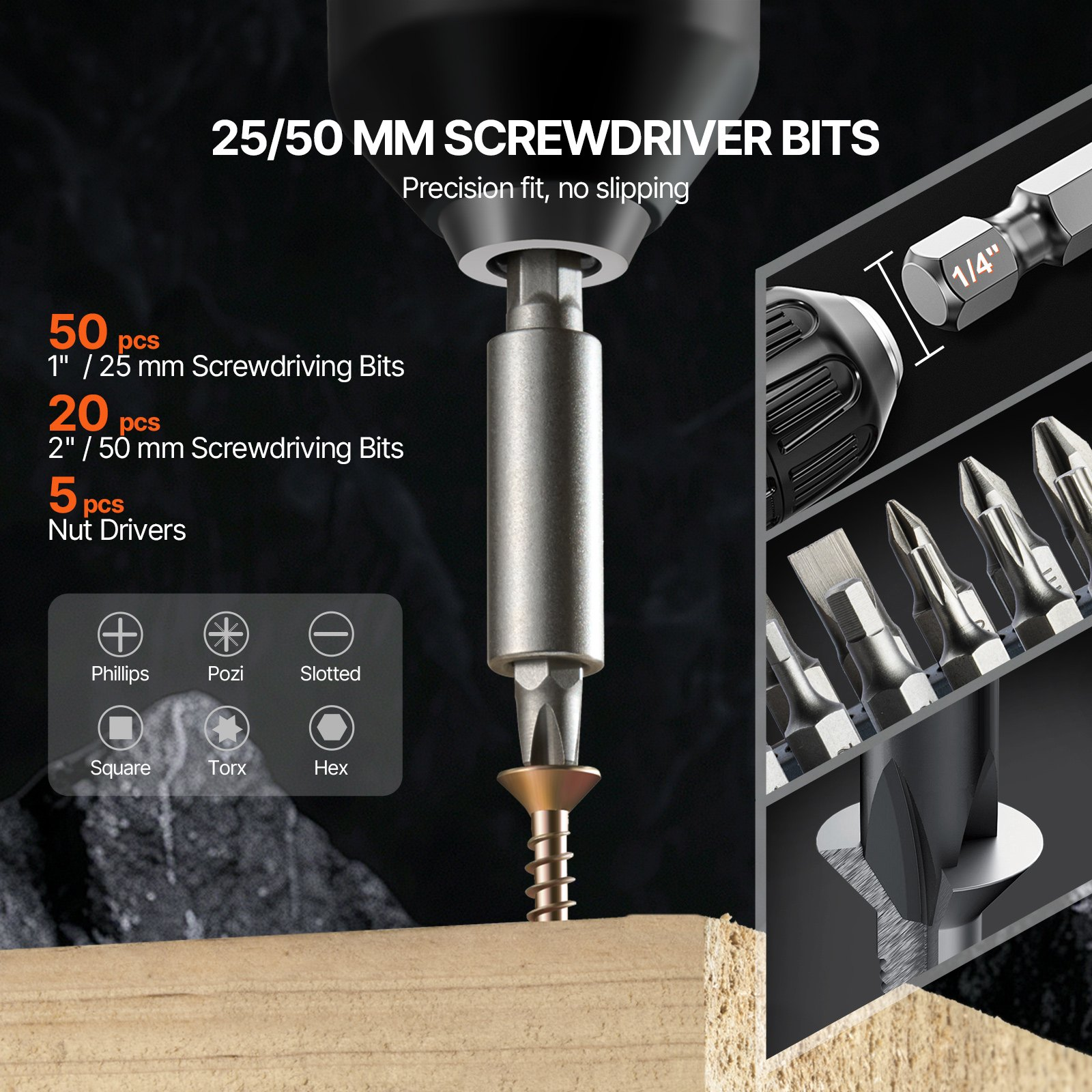 Start2Finish 101-piece VEVOR drill bit set with assorted bits for wood, metal, cement, in an organized carrying case.