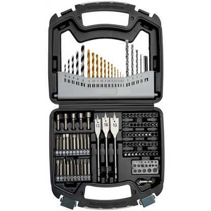 Start2Finish VEVOR 101-piece drill bit and screwdriver set with organized carrying case for wood, metal, cement drilling and screw driving.