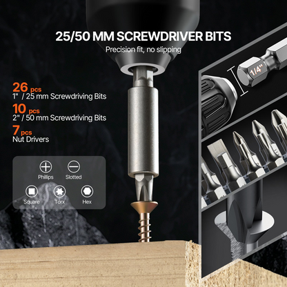 Start2Finish VEVOR 70-piece drill and driver bit set in carrying case, suitable for wood, metal, cement, and screw driving.