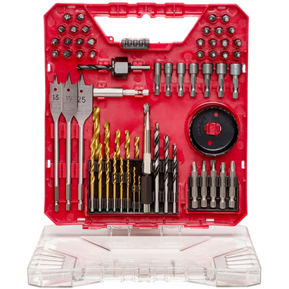 Start2Finish VEVOR 70-piece drill bit and screwdriver set with organized carrying case for wood, metal, and cement drilling and screw driving.