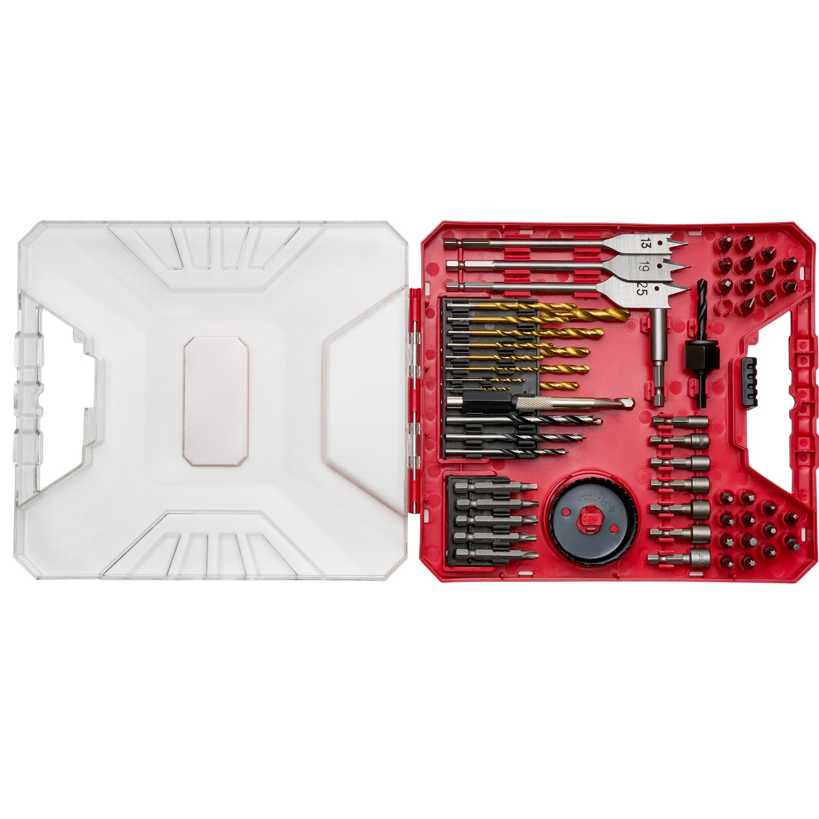 Start2Finish VEVOR 70-piece drill and driver bit set with assorted bits in an organized carrying case for wood, metal, and cement drilling.