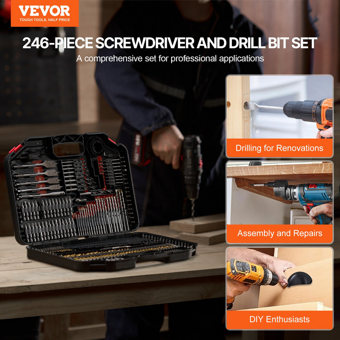 Start2Finish VEVOR 246-piece drill and driver bit set with organized carrying case for wood, metal, cement drilling, and screw driving.