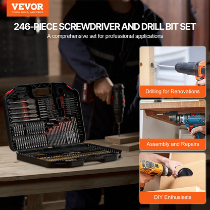 Start2Finish VEVOR 246-piece drill and driver bit set with organized carrying case for wood, metal, cement drilling, and screw driving.