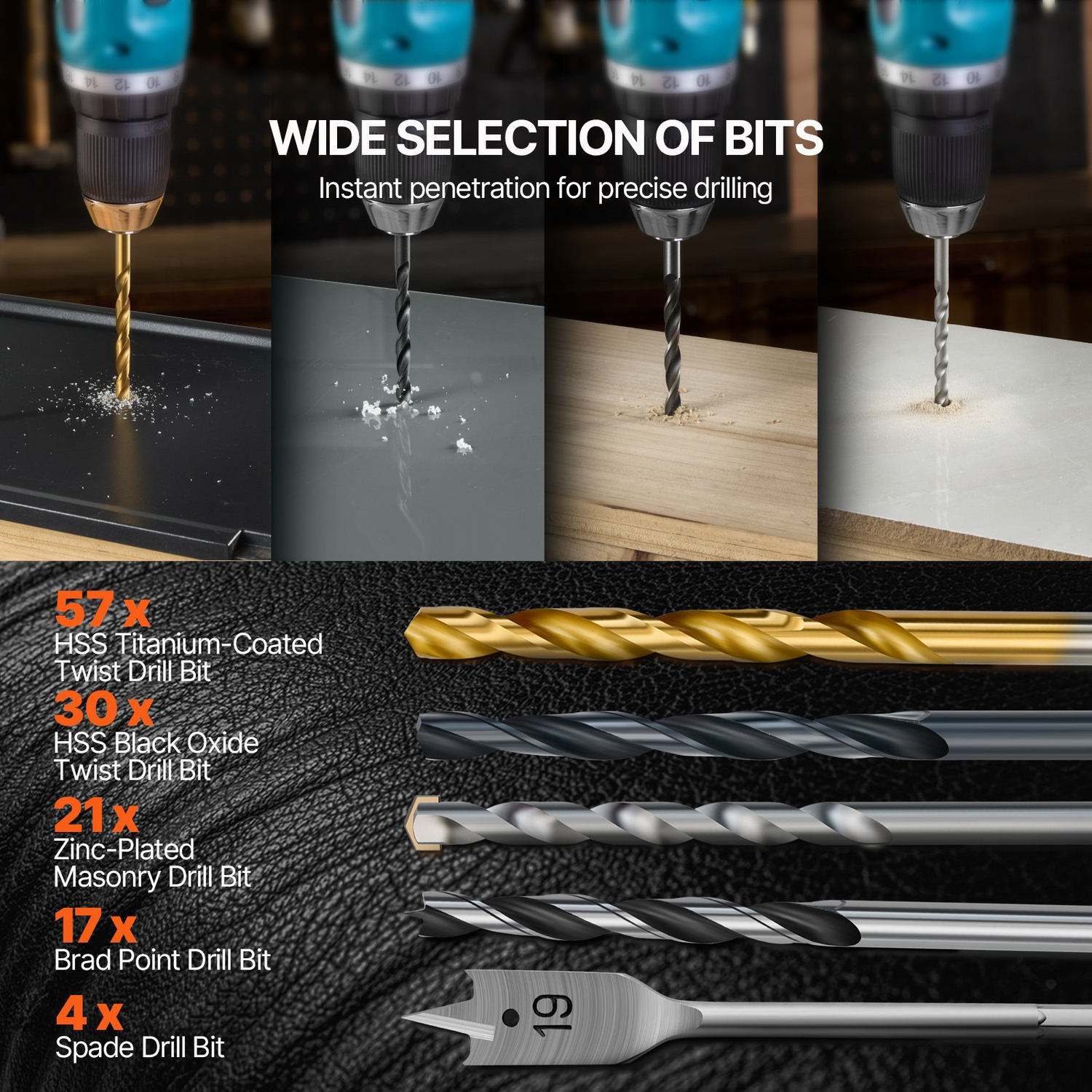Start2Finish VEVOR 246-piece drill and driver bit set with assorted bits in an organized carrying case for wood, metal, and cement drilling.