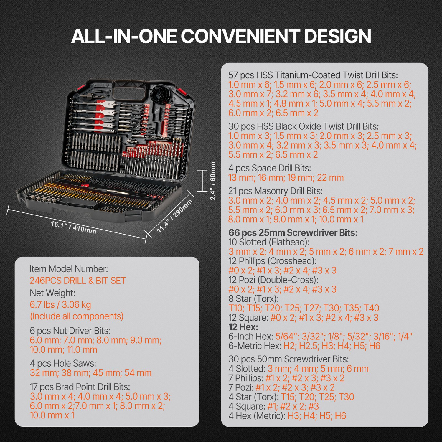 Start2Finish VEVOR 246-piece drill and driver bit set with organized case for wood, metal, cement drilling, and screw driving.