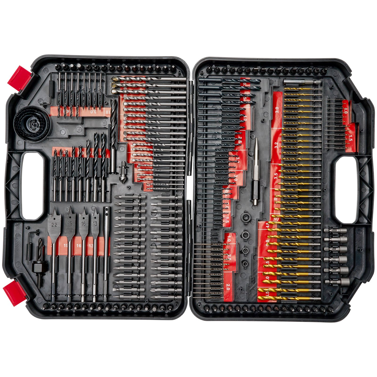 Start2Finish VEVOR drill bit set with 246 assorted bits for wood, metal, cement, and screw driving in an organized carrying case.