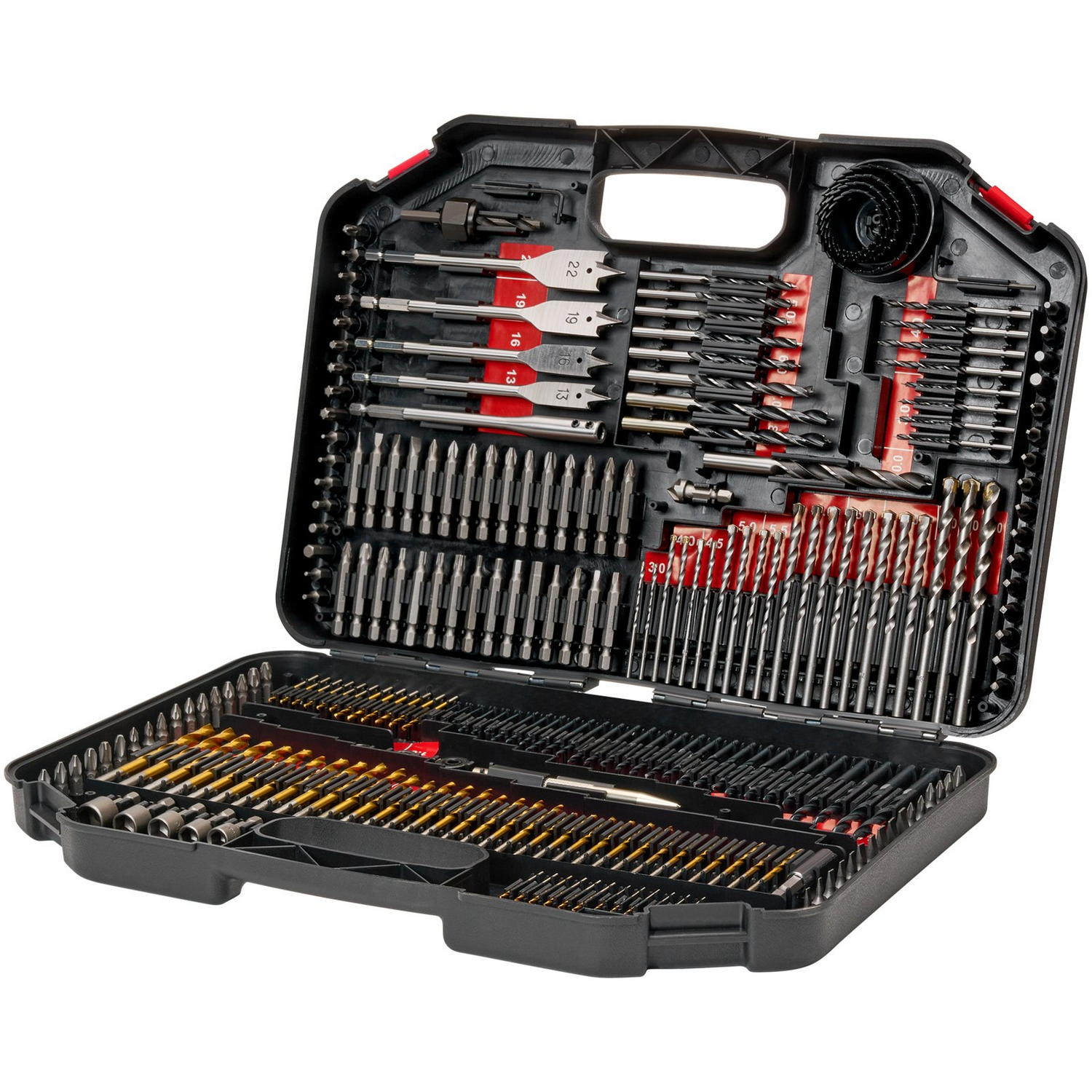 Start2Finish VEVOR drill bit set with 246 assorted bits in an organized carrying case for wood, metal, cement, and screw driving.