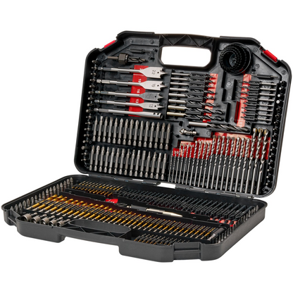 Start2Finish VEVOR drill bit set with 246 assorted bits in an organized carrying case for wood, metal, cement, and screw driving.