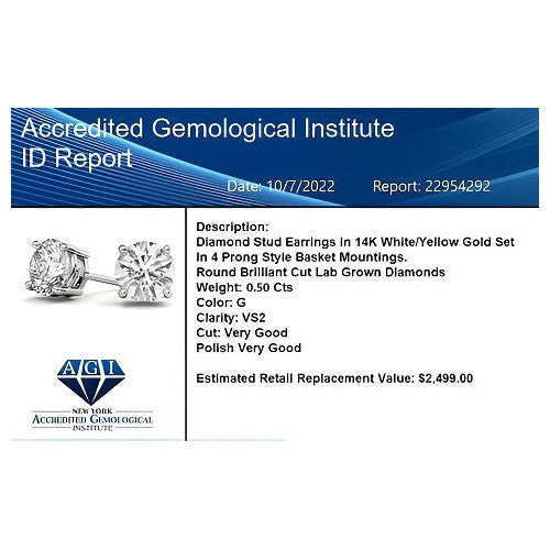 Start2Finish 0.50 CTW AGI Certified Lab Grown Diamond stud earrings in 14K white or yellow gold, featuring sparkling G-VS diamonds.