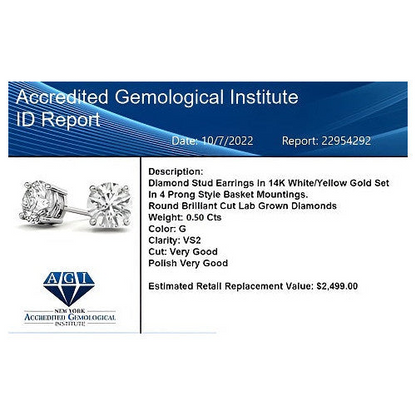 Start2Finish 0.50 CTW AGI Certified Lab Grown Diamond stud earrings in 14K white or yellow gold, featuring sparkling G-VS diamonds.