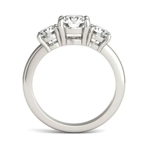 AGI Certified 2 CTW three-stone lab-grown diamond engagement ring in 14K white gold over sterling, featuring round G/VS diamonds.