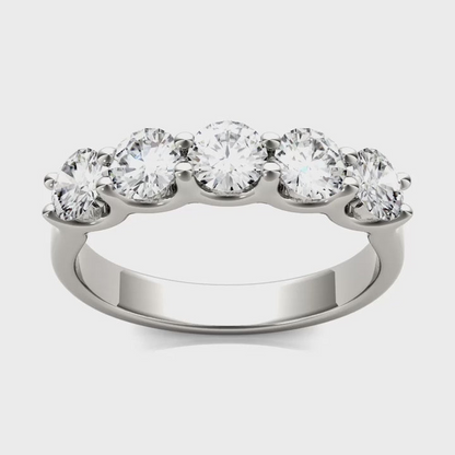 Round lab-grown diamond five-stone anniversary band in 14K white gold over sterling silver, showcasing sparkling E/F-VS diamonds.