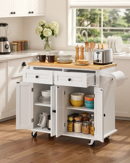 Start2Finish VEVOR kitchen island cart with solid wood top, rolling white mobile cart with storage, spice rack, towel rack, and drawer.