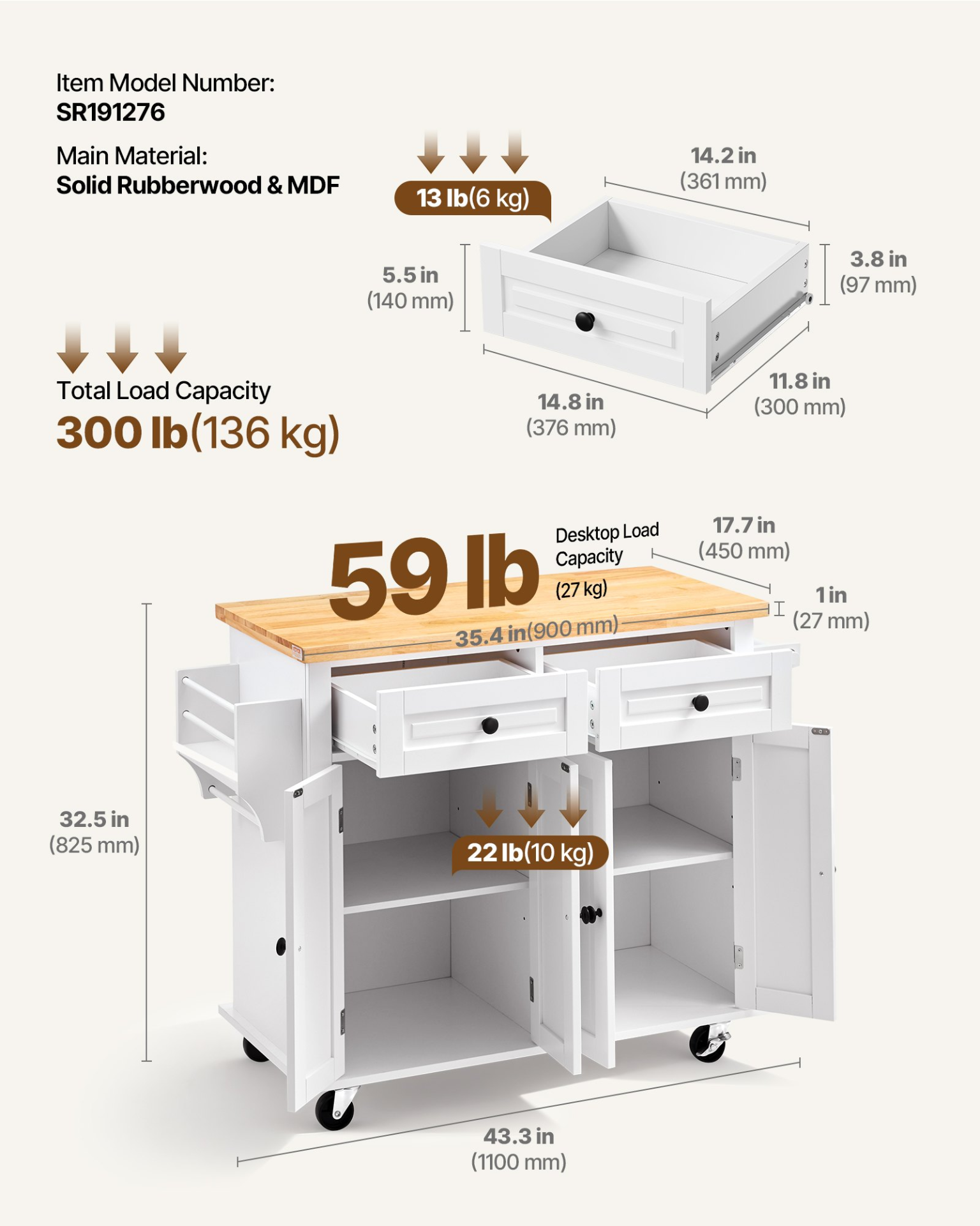 Start2Finish VEVOR kitchen island cart with solid wood top, storage cabinet, spice rack, towel rack, drawer, on wheels, white color.
