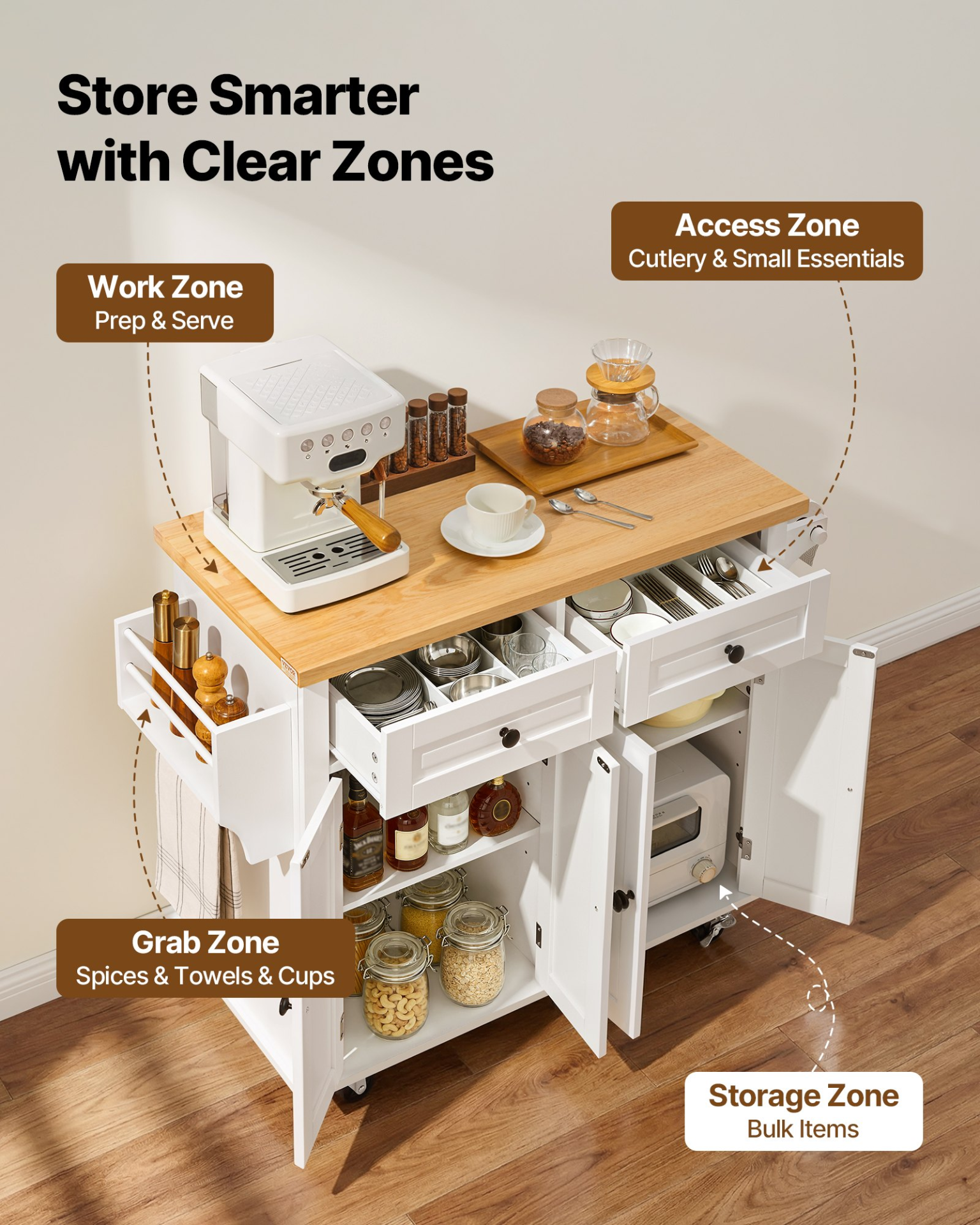 Start2Finish VEVOR kitchen island cart with solid wood top, white finish, rolling design, storage cabinet, spice rack, towel rack, and drawer.