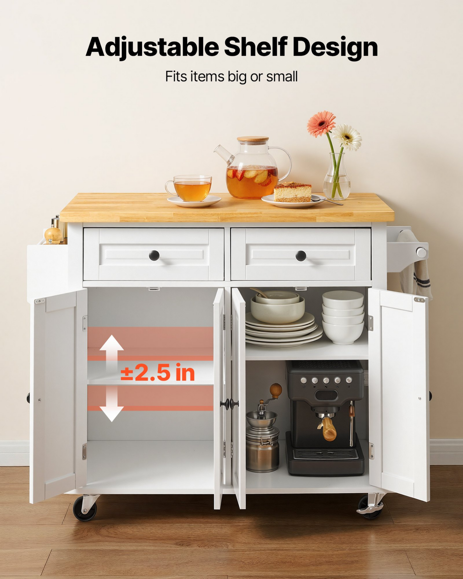 Start2Finish VEVOR kitchen island cart with solid wood top, storage cabinet, spice rack, towel rack, drawer, on wheels in white