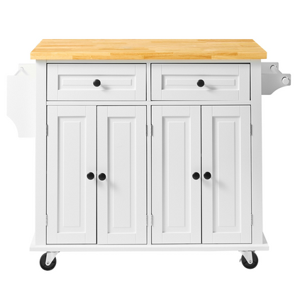 Start2Finish VEVOR white kitchen island cart with solid wood top, storage cabinet, spice rack, towel rack, and drawer on wheels.