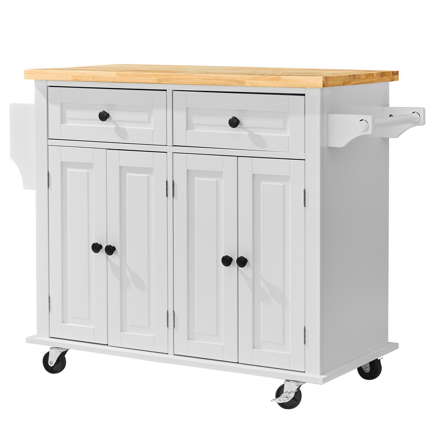 Start2Finish VEVOR kitchen island cart with solid wood top, storage cabinet, spice rack, towel rack, drawer, white mobile kitchen table