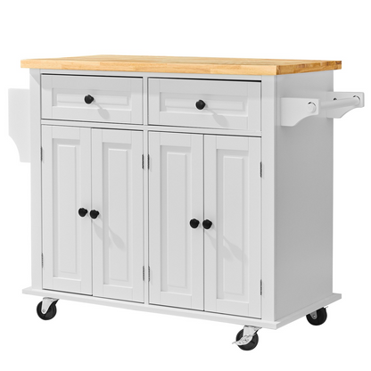 Start2Finish VEVOR kitchen island cart with solid wood top, storage cabinet, spice rack, towel rack, drawer, white mobile kitchen table