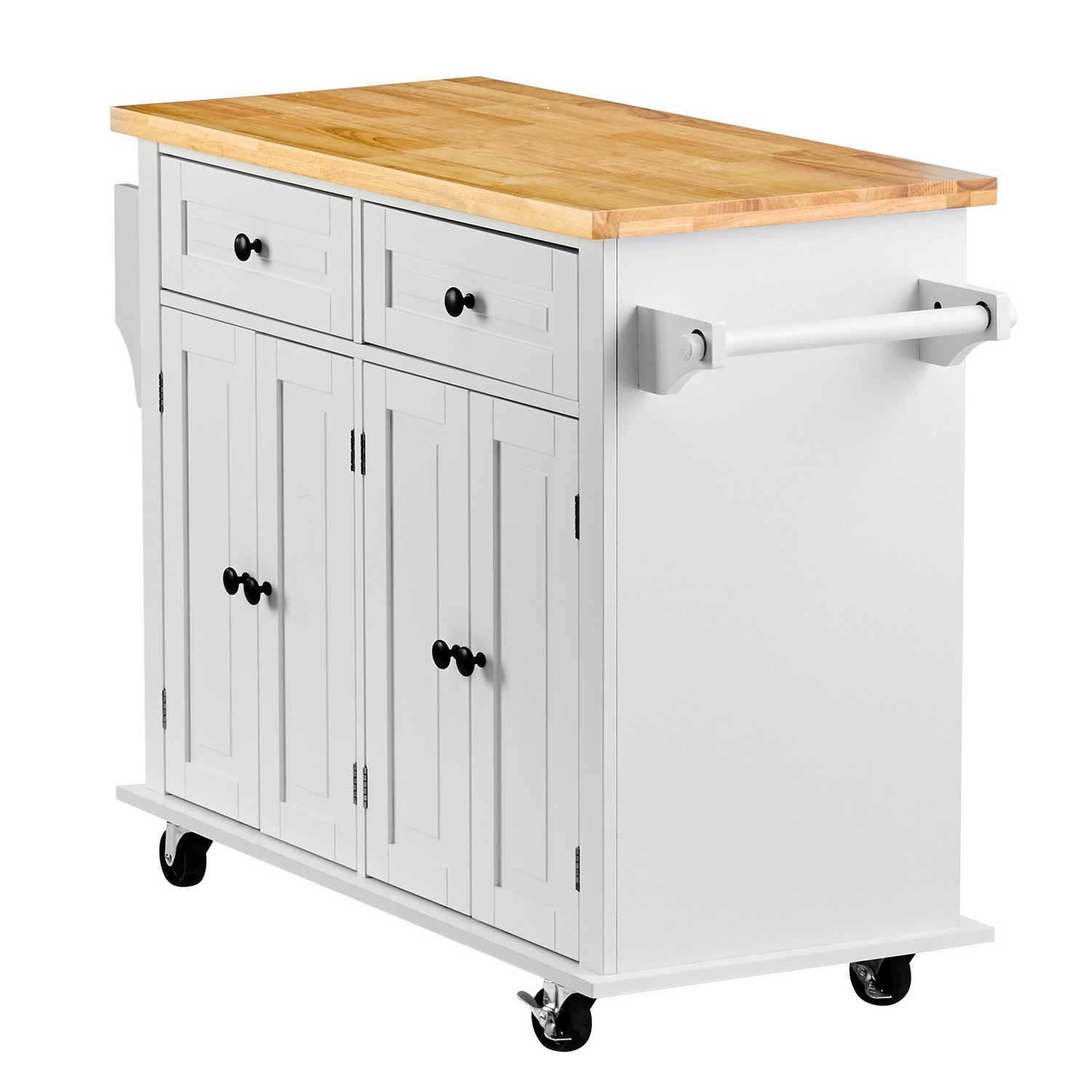 Start2Finish VEVOR kitchen island cart with solid wood top, storage cabinet, spice rack, towel rack, and drawer on wheels in white.