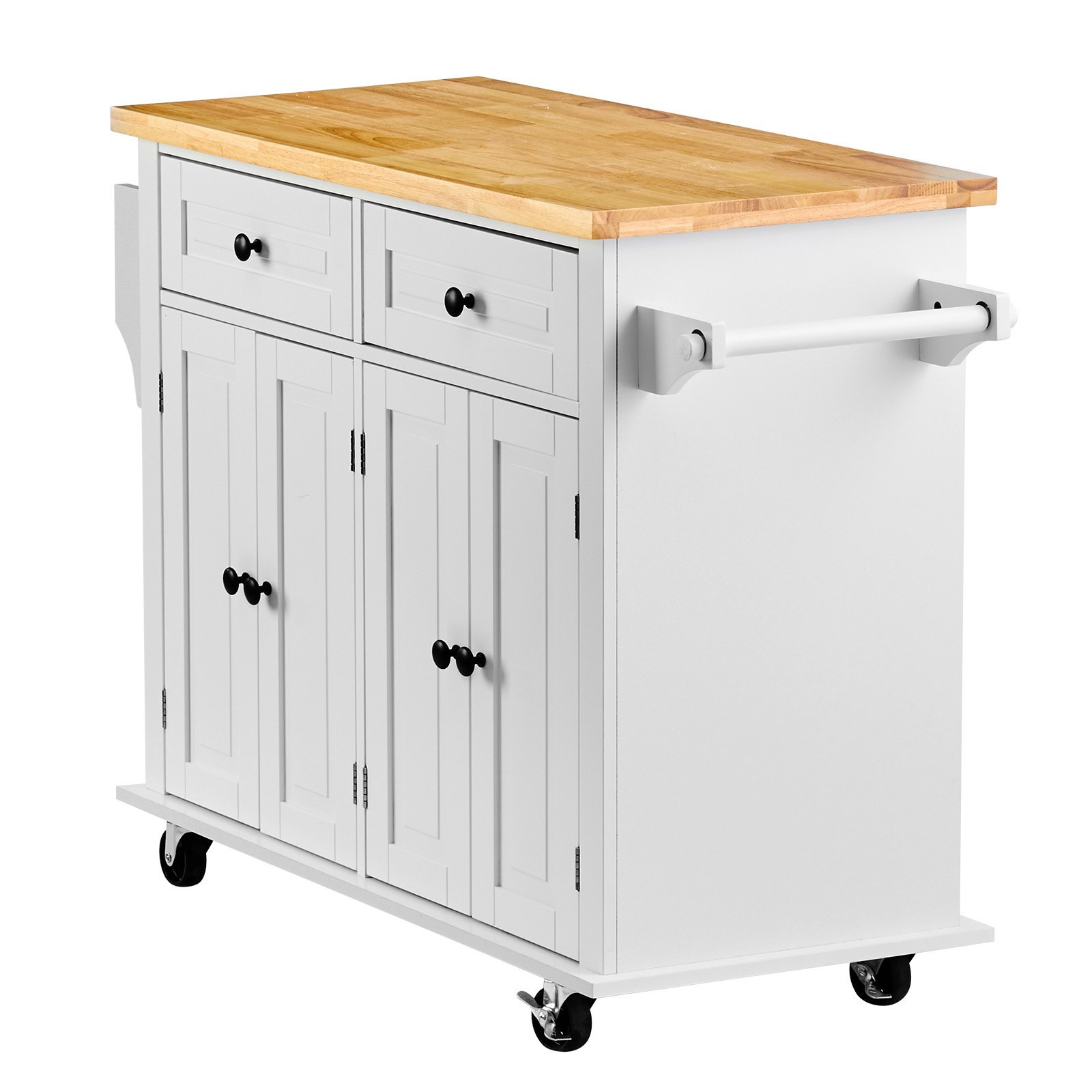 Start2Finish VEVOR kitchen island cart with solid wood top, storage cabinet, spice rack, towel rack, and drawer on wheels in white.