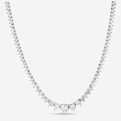 Created Moissanite tennis necklace with 15 carats, G-H color, SI clarity, featuring graduated round stones on a silver chain.