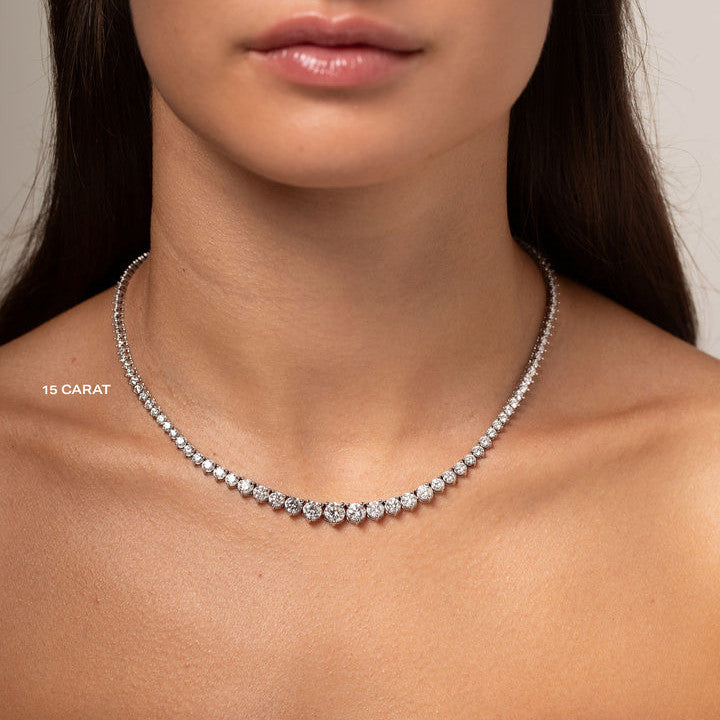 Start2Finish 15 CTW created Moissanite graduated tennis necklace with G-H color and SI clarity, featuring sparkling stones on a fine chain.