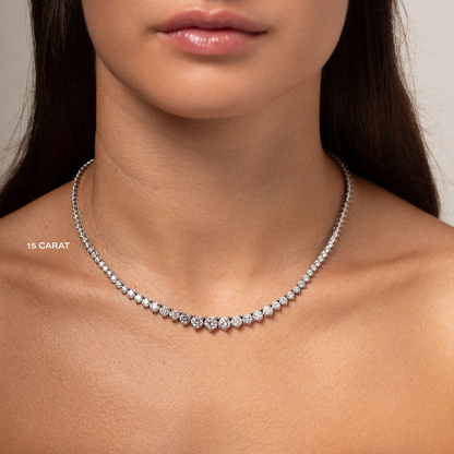 Start2Finish 15 CTW created Moissanite graduated tennis necklace with G-H color and SI clarity, featuring sparkling stones on a fine chain.