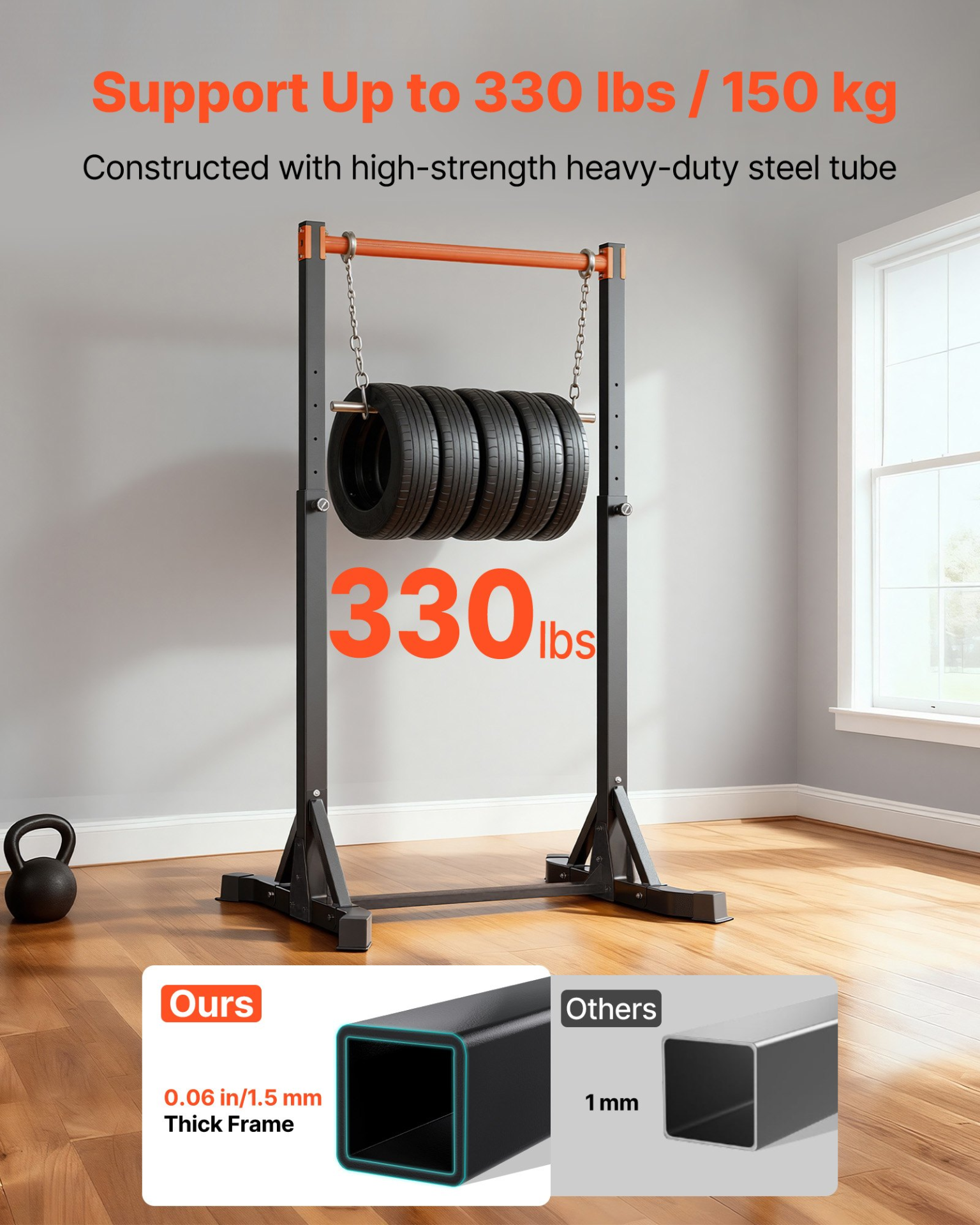 Start2Finish VEVOR portable pull-up bar with H-frame, heavy-duty steel, adjustable height, suitable for arms, back, and chest workouts.