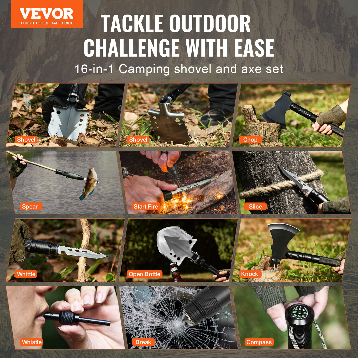 Start2Finish VEVOR survival shovel and axe combo, 16-in-1 camping folding tool with stainless steel tactical shovel and hatchet.
