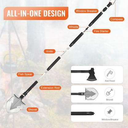 Start2Finish VEVOR survival shovel and axe combo with folding design, stainless steel, ideal for camping, hiking, and emergency survival.